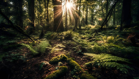 Sunbeams piercing through the canopy of a lush forest, illuminating the ferns and moss-covered ground.の写真素材
