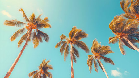 Palm trees against a vibrant blue sky. Summer vacation vibesの写真素材