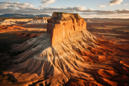 Stunning aerial view of sandstone cliffs bathed in the golden light of sunset. A breathtaking desert landscape.の写真素材