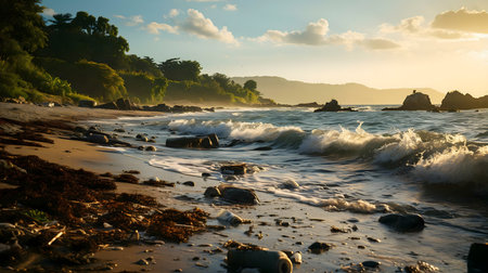 Beautiful sunset over a beach. Waves crash on the shore.