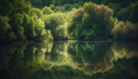 A tranquil river reflects lush green trees, creating a serene and peaceful atmosphere.