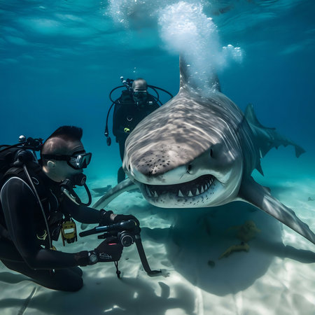 Divers encounter a majestic tiger shark during an underwater expedition. A captivating scene of wildlife.の写真素材