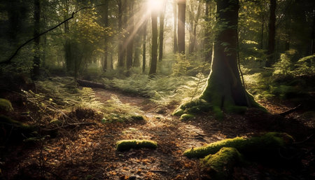 A sunlit path winds through a lush forest, moss covers ancient trees.の写真素材
