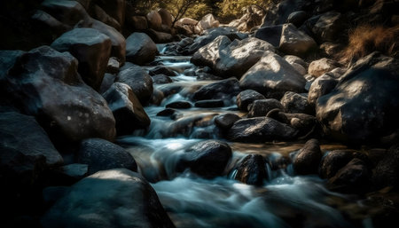 A captivating image of a stream flowing smoothly over dark rocks. The serene atmosphere is captivating.の写真素材