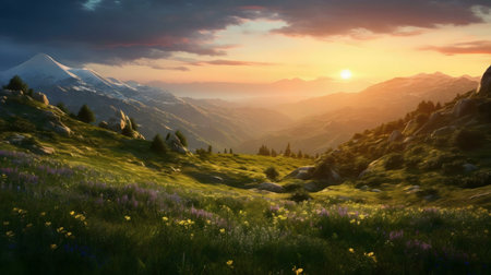 Stunning sunset over a mountain range, with a vibrant meadow in the foreground.の写真素材