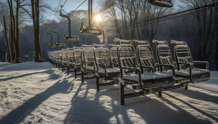 Sunrise over a snow-covered ski lift. Chairs covered in fresh snow.の写真素材