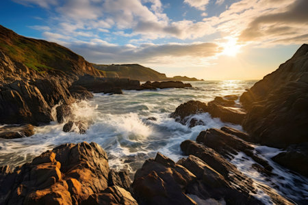 Stunning sunset over a rugged coastline. Dramatic waves crash against dark rocks.の写真素材