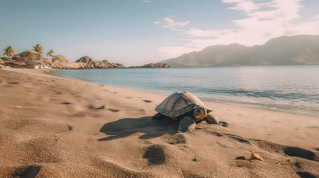 Turtle walking on sandy beach near ocean. Peaceful tropical landscape.の写真素材