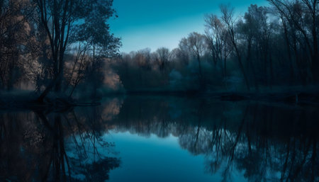 Serene lake reflecting forest at dusk. Mystical, tranquil atmosphere.の写真素材