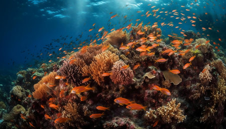 Stunning underwater scene showing a vibrant coral reef teeming with life. Fish of orange color swim freely around the coralの写真素材