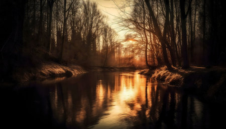 A tranquil river reflects the golden sunset through a misty forest. Peaceful and serene.