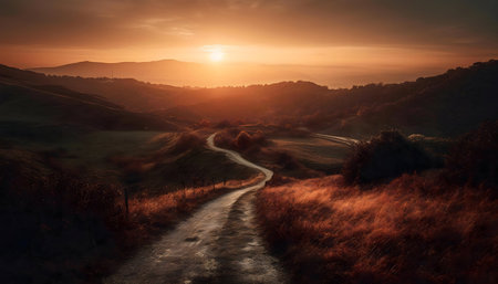 Serene sunset over a winding road in a picturesque countryside. Golden hour light paints the landscape.の写真素材