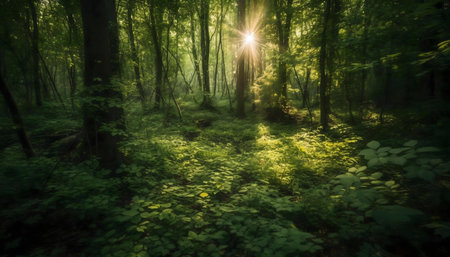 Sunbeams pierce a mystical forest, creating a serene and enchanting scene.の写真素材