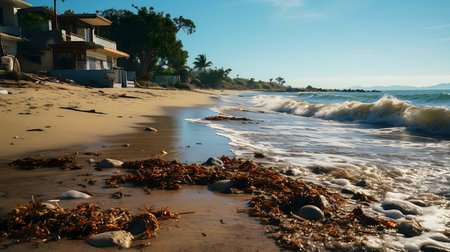 Waves gently crash on a sandy beach near a coastal house. The scene is serene and peaceful.の写真素材