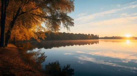 Serene autumn sunrise over a calm lake with golden trees reflected in the water.の写真素材