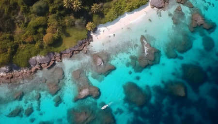 Stunning aerial shot of pristine beach, turquoise water, and rocky coast. A perfect tropical...