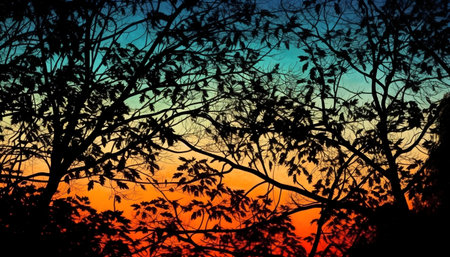 Stunning sunset silhouetted by trees. Vibrant colors paint the sky.の写真素材
