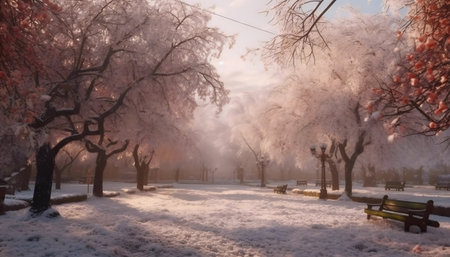 Snowy park landscape at sunrise. Trees covered in frost, peaceful atmosphere.の写真素材