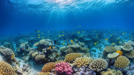 Stunning underwater coral reef teeming with colorful fish.