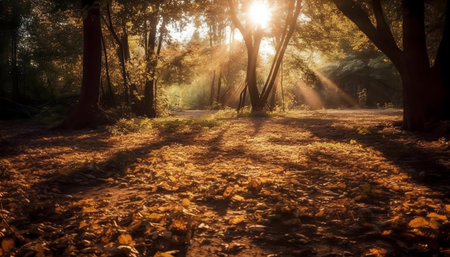 Golden sunlight beams through autumn leaves.の写真素材
