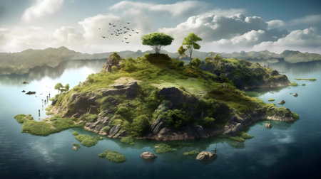 Digital painting of a serene island in a calm lake, surrounded by mountains. Birds fly overhead.の写真素材