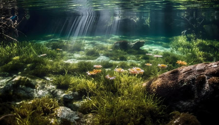 A serene underwater scene with sunbeams illuminating aquatic plants and flowers.の写真素材