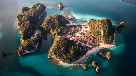 Stunning aerial shot of a tropical island with a village and crystal-clear turquoise waters.の写真素材