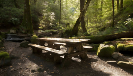 A wooden picnic table sits in a sunlit forest clearing, surrounded by lush greenery and moss-covered rocks. Peaceful atmosphere.の写真素材