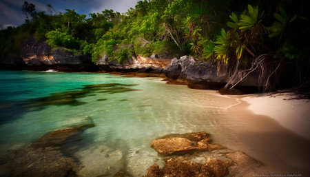 A hidden tropical beach with crystal clear water and lush vegetation.