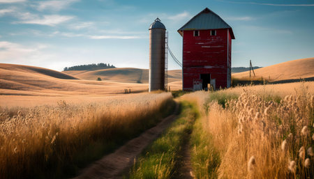A picturesque scene of a red barn in a golden field at sunset.の写真素材