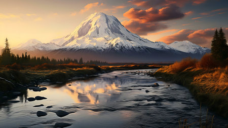 Serene mountain river reflecting sunset colors.の写真素材