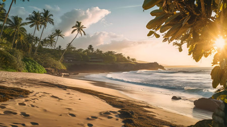 Peaceful sunset view of a tropical beach with palm trees and waves.の写真素材