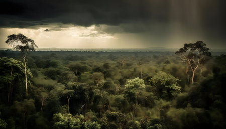 Majestic rainforest scene with dramatic stormy sky.の写真素材