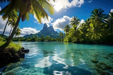 Stunning tropical lagoon with crystal clear water, lush palm trees, and a majestic mountain backdrop.の写真素材