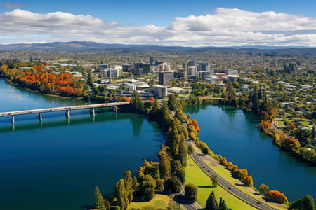 Breathtaking aerial shot of Rotorua, NZ. A beautiful city by the lake.の写真素材