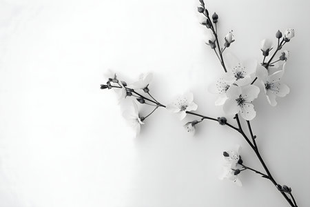 Elegant black and white floral photography. A single branch with delicate blossoms.の写真素材