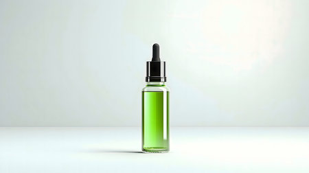 A sleek glass bottle with a dropper, filled with vibrant green liquid. Perfect for showcasing your product.の写真素材