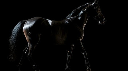A striking silhouette of a black stallion, captured in a dramatic low-light setting.の写真素材