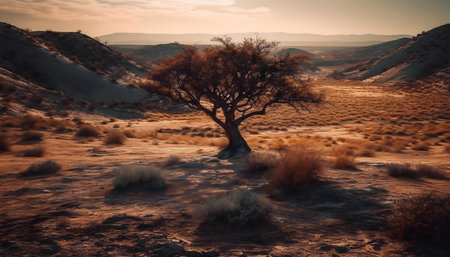 A lone tree stands in a vast desert landscape at sunset. Golden light bathes the scene.の写真素材