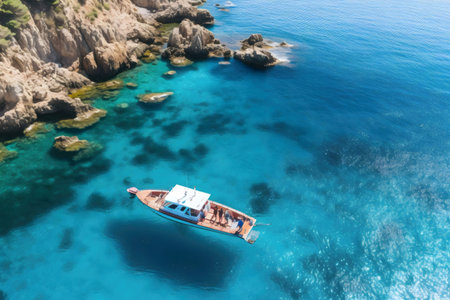 A small boat floats on crystal clear turquoise waters near a rocky coast.の写真素材