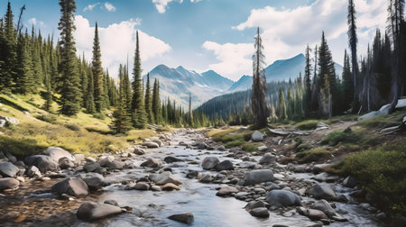 A tranquil river flows through a mountain valley, surrounded by lush green forests and towering peaks.の写真素材