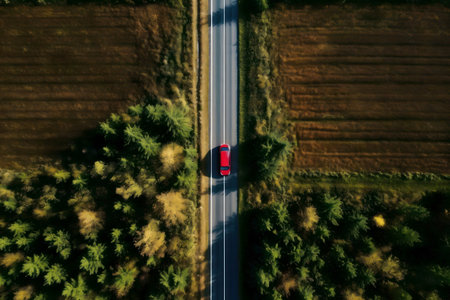 A red car drives on a road surrounded by forests and fields, aerial view.の写真素材