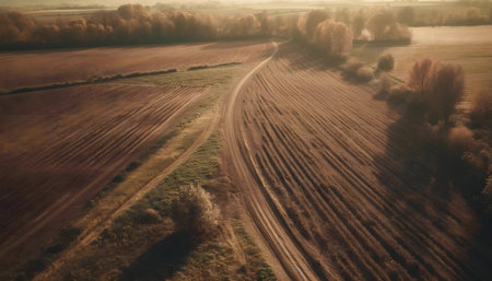Stunning aerial shot of autumnal farmland. Golden hour light bathes the scene.の写真素材