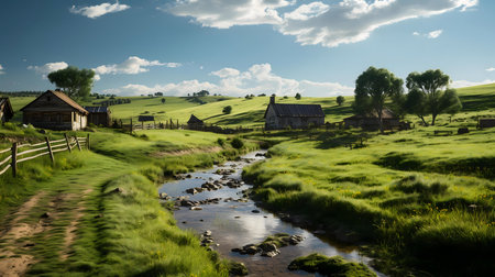 Picturesque village by a stream. Green fields, wooden houses and a peaceful atmosphere.の写真素材