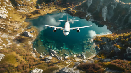A plane flies over a serene mountain lake. Breathtaking landscapeの写真素材