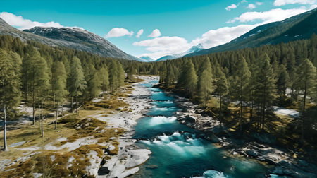 Stunning aerial view of a turquoise river flowing through a lush alpine valley, surrounded by majestic mountains.の写真素材