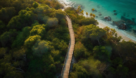 Stunning aerial shot of a wooden path leading to a pristine beach.の写真素材