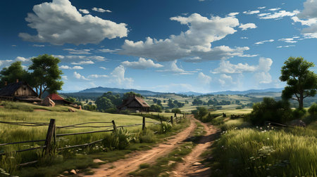 A picturesque rural landscape featuring a dirt road winding through green fields and past rustic houses under a partly cloudy blue sky.の写真素材