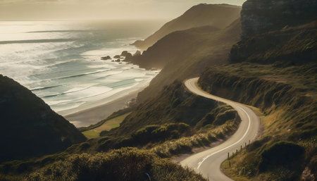 A winding coastal road offers breathtaking views of the ocean and dramatic cliffs. Serene sunset.の写真素材