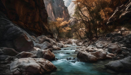 A tranquil river flows through a rocky canyon, autumn leaves adding warm colors.の写真素材